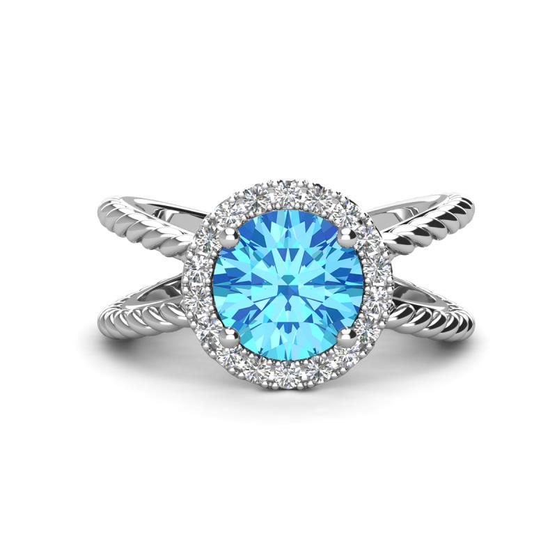 Austyn Desire Round Blue Topaz and Round Diamond Twisted Rope Cross Split Shank Halo Engagement Ring 