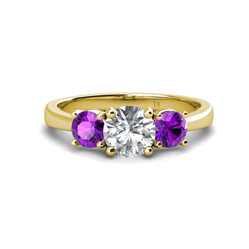 Quyen GIA Certified 2.05 ctw (7.00 mm) Round Natural Diamond and Amethyst Three Stone Engagement Ring 