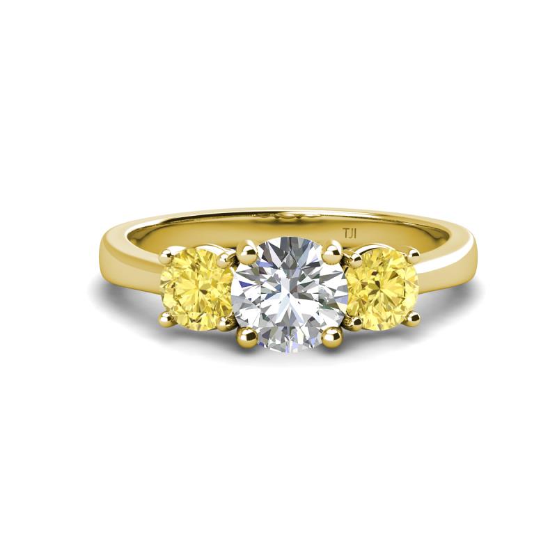 Quyen GIA Certified 2.31 ctw (7.00 mm) Round Natural Diamond and Yellow Sapphire Three Stone Engagement Ring 