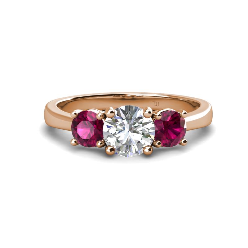Quyen GIA Certified 2.25 ctw (7.00 mm) Round Natural Diamond and Rhodolite Garnet Three Stone Engagement Ring 