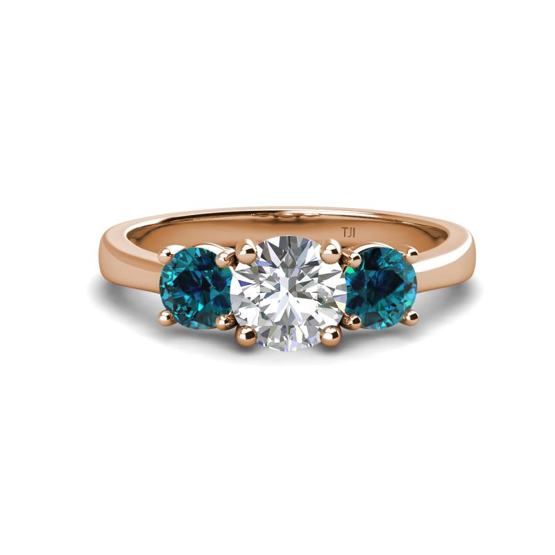 Quyen GIA Certified 2.25 ctw (7.00 mm) Round Natural Diamond and Blue Diamond Three Stone Engagement Ring 