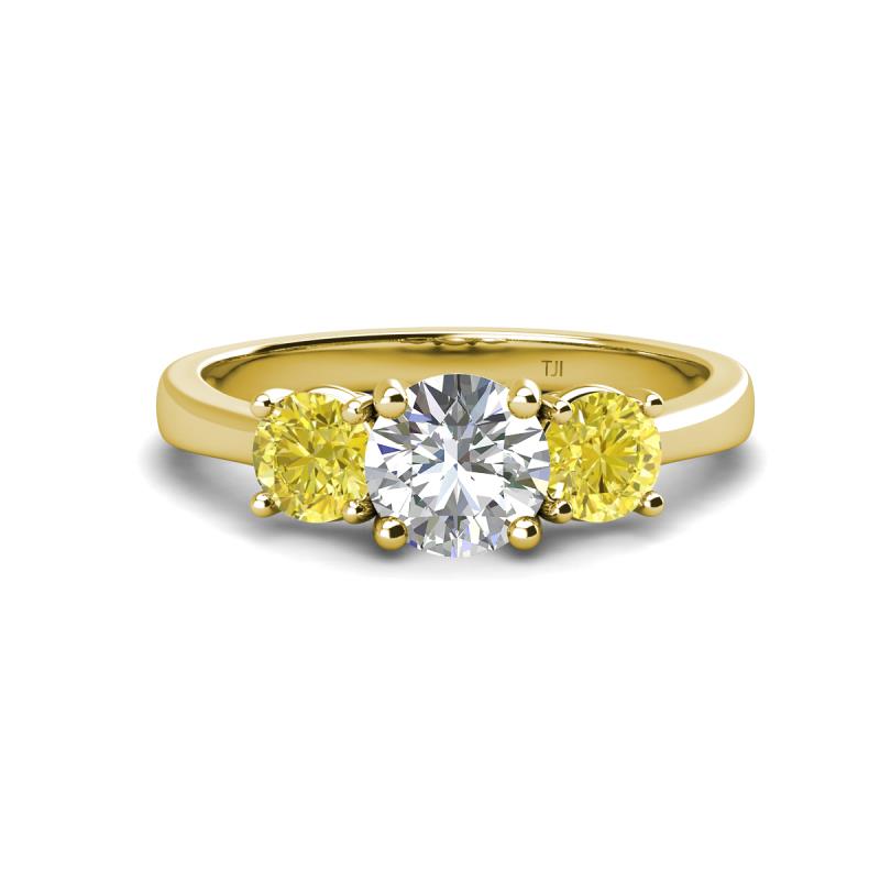 Quyen GIA Certified 2.25 ctw (7.00 mm) Round Natural Diamond and Yellow Diamond Three Stone Engagement Ring 
