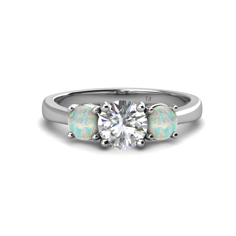 Quyen GIA Certified 1.95 ctw (7.00 mm) Round Natural Diamond and Opal Three Stone Engagement Ring 