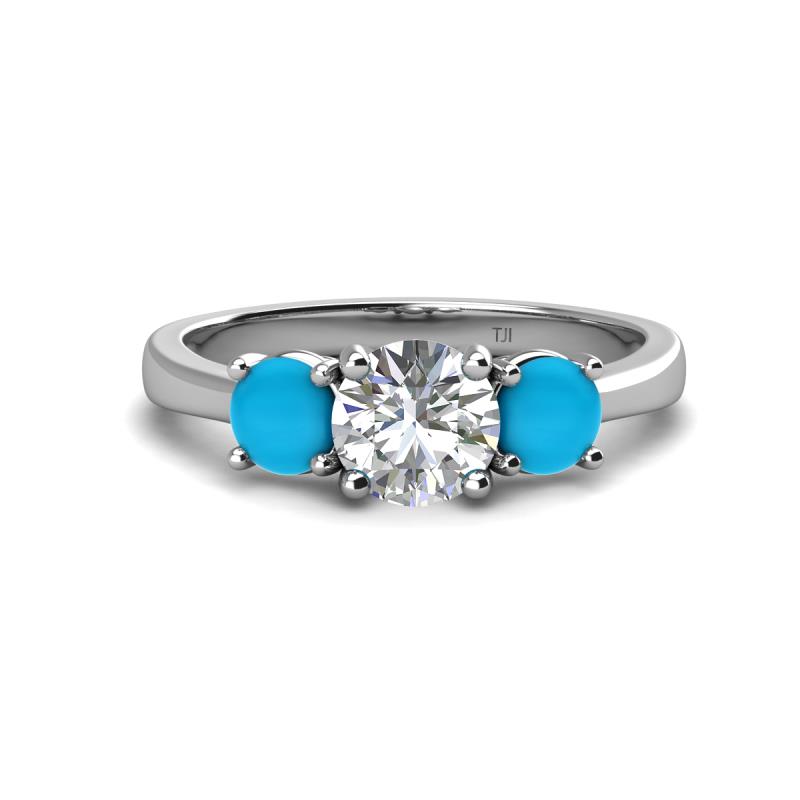 Quyen GIA Certified 1.97 ctw (7.00 mm) Round Natural Diamond and Turquoise Three Stone Engagement Ring 