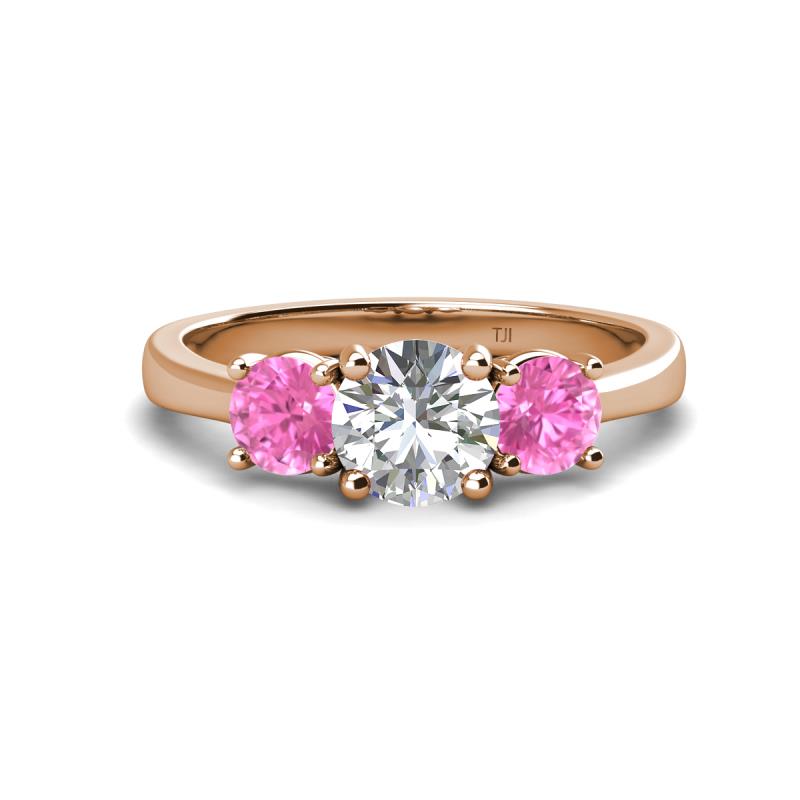 Quyen IGI Certified 2.35 ctw (7.00 mm) Round Lab Grown Diamond and Pink Sapphire Three Stone Engagement Ring 