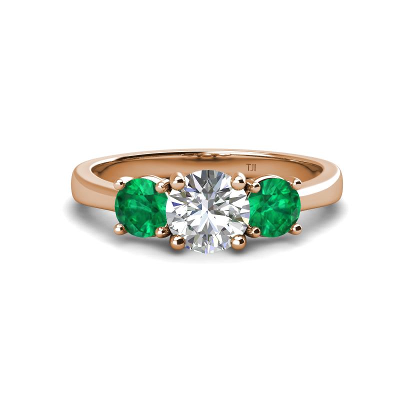Quyen IGI Certified 2.10 ctw (7.00 mm) Round Lab Grown Diamond and Emerald Three Stone Engagement Ring 