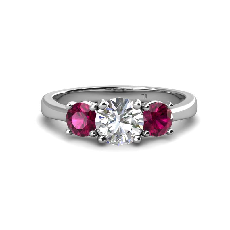 Quyen IGI Certified 2.30 ctw (7.00 mm) Round Lab Grown Diamond and Rhodolite Garnet Three Stone Engagement Ring 