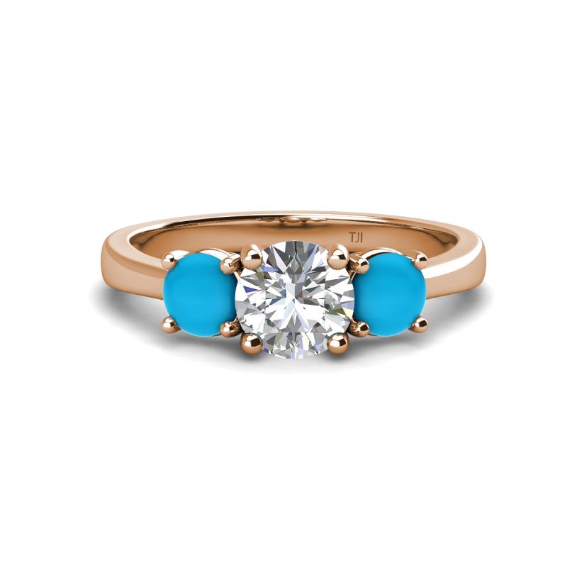 Quyen IGI Certified 2.02 ctw (7.00 mm) Round Lab Grown Diamond and Turquoise Three Stone Engagement Ring 