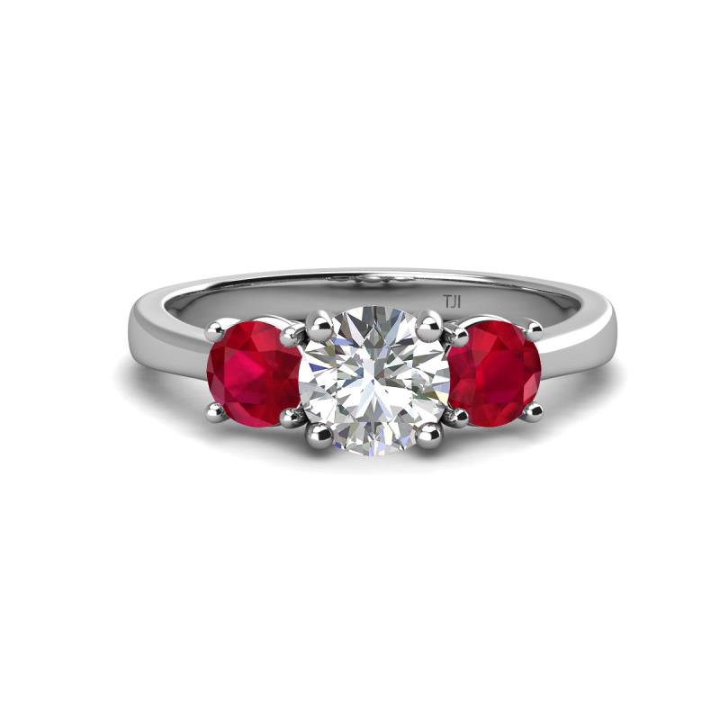 Quyen IGI Certified 2.40 ctw (7.00 mm) Round Lab Grown Diamond and Ruby Three Stone Engagement Ring 