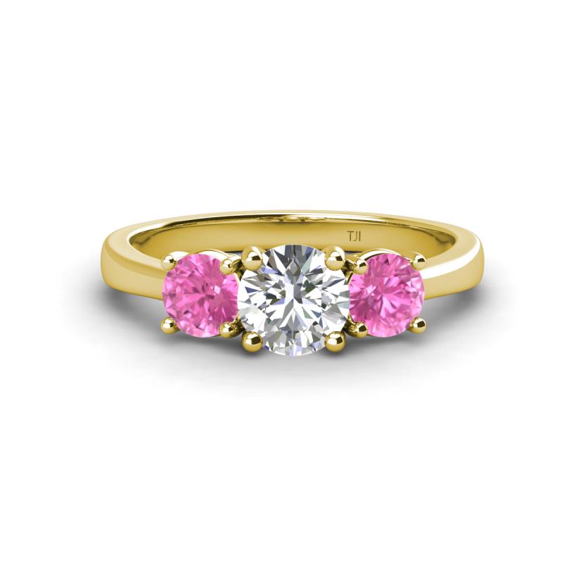 Quyen GIA Certified 2.05 ctw (6.50 mm) Round Natural Diamond and Pink Sapphire Three Stone Engagement Ring 