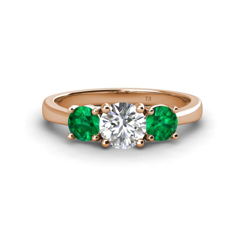 Quyen GIA Certified 1.80 ctw (6.50 mm) Round Natural Diamond and Emerald Three Stone Engagement Ring 
