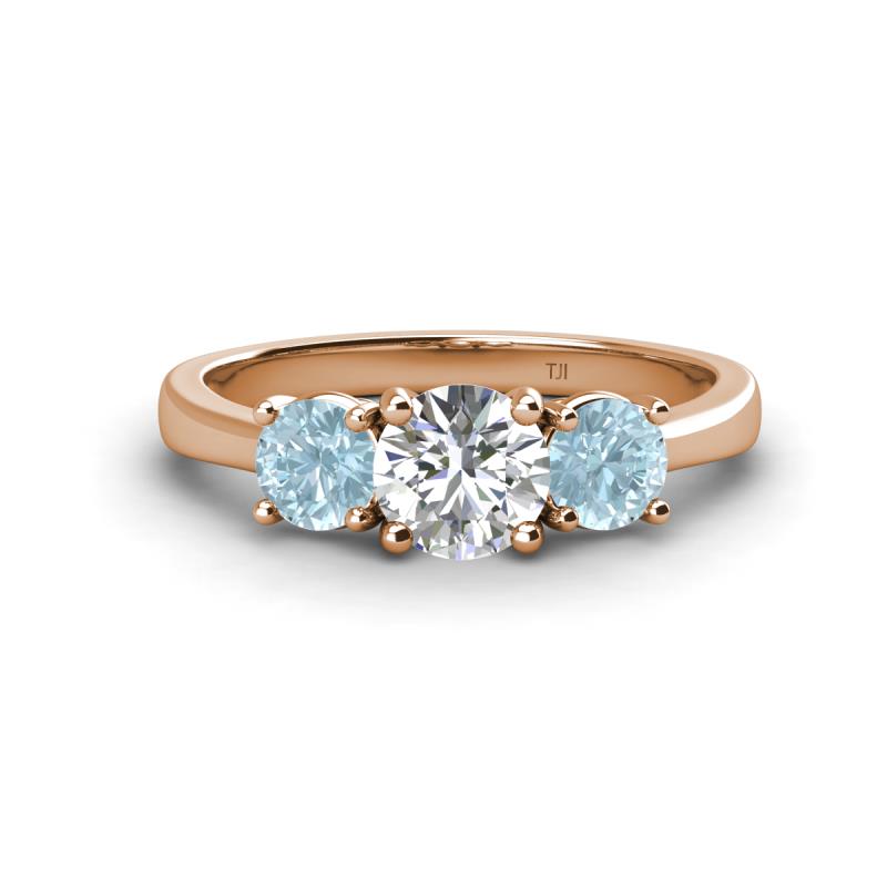 Quyen GIA Certified 1.80 ctw (6.50 mm) Round Natural Diamond and Aquamarine Three Stone Engagement Ring 