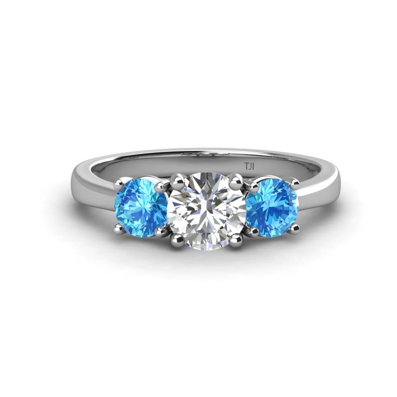 Quyen GIA Certified 2.00 ctw (6.50 mm) Round Natural Diamond and Blue Topaz Three Stone Engagement Ring 