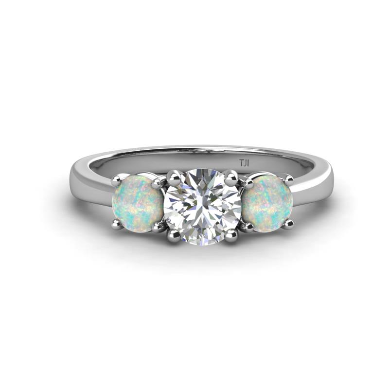 Quyen GIA Certified 1.70 ctw (6.50 mm) Round Natural Diamond and Opal Three Stone Engagement Ring 