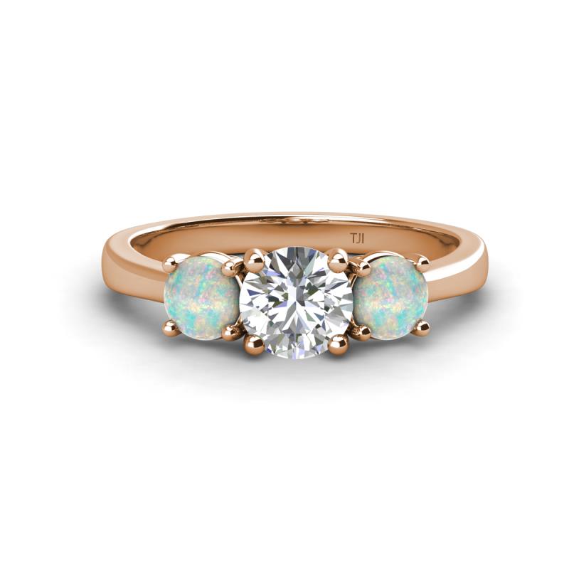 Quyen GIA Certified 1.70 ctw (6.50 mm) Round Natural Diamond and Opal Three Stone Engagement Ring 