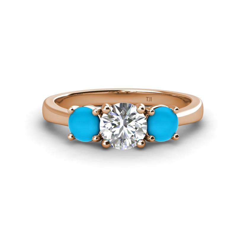 Quyen GIA Certified 1.72 ctw (6.50 mm) Round Natural Diamond and Turquoise Three Stone Engagement Ring 