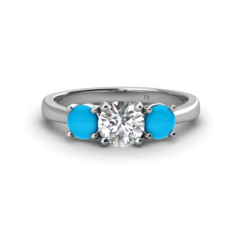 Quyen GIA Certified 1.72 ctw (6.50 mm) Round Natural Diamond and Turquoise Three Stone Engagement Ring 