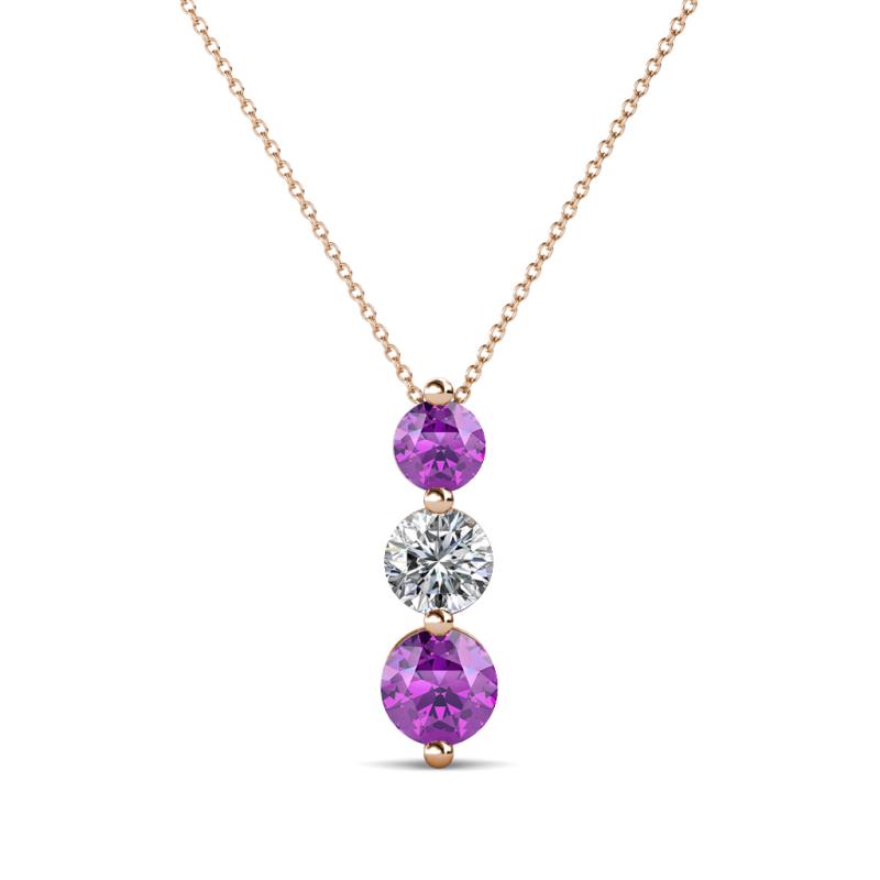 Kesha (4mm) Round Amethyst and Diamond Graduated Three Stone Drop Pendant 