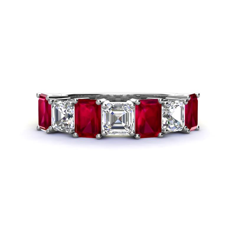 Aria Emerald Cut Ruby and Asscher Cut Diamond 7 Stone Wedding  Band 