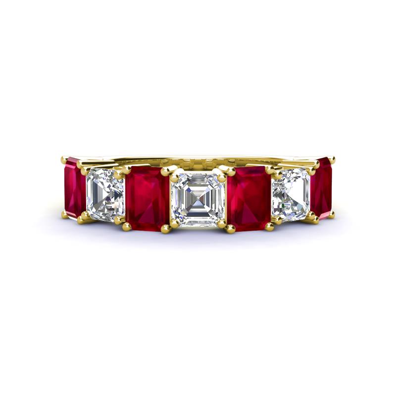 Aria Emerald Cut Ruby and Asscher Cut Diamond 7 Stone Wedding  Band 