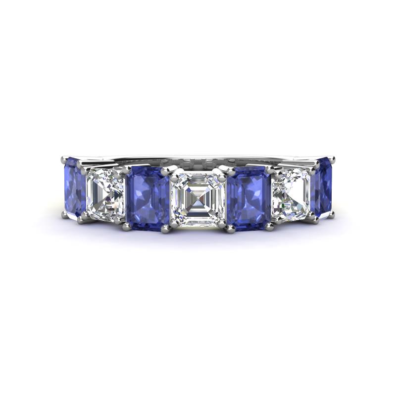 Aria Emerald Cut Iolite and Asscher Cut Diamond 7 Stone Wedding  Band 