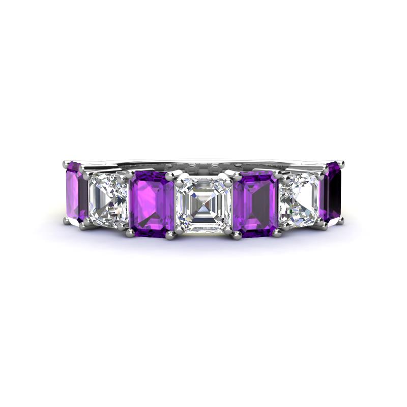 Aria Emerald Cut Amethyst and Asscher Cut Diamond 7 Stone Wedding  Band 