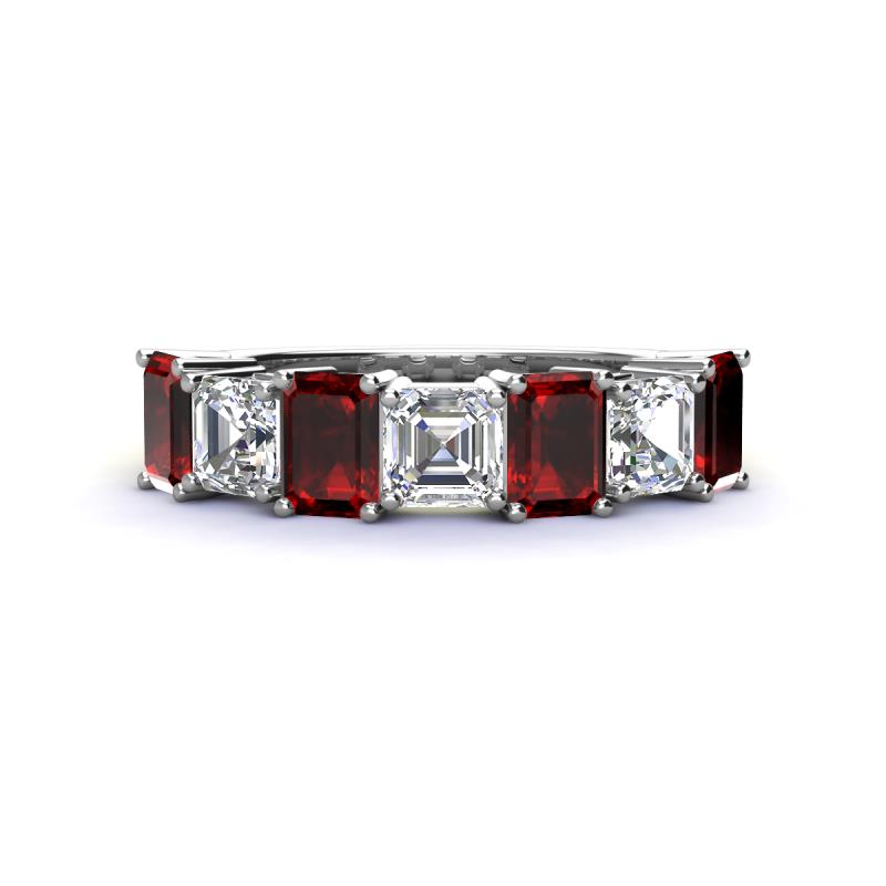 Aria Emerald Cut Red Garnet and Asscher Cut Diamond 7 Stone Wedding  Band 