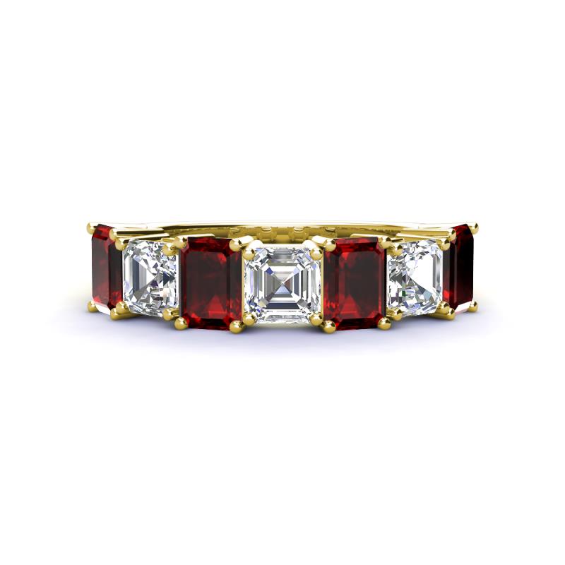 Aria Emerald Cut Red Garnet and Asscher Cut Diamond 7 Stone Wedding  Band 