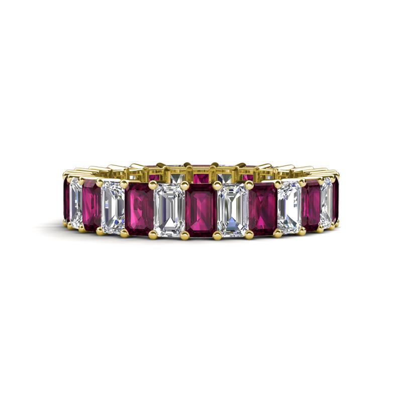 Kerry 5x3 mm Emerald Cut Rhodolite Garnet and Lab Grown Diamond Side Gallery Work Eternity Band 