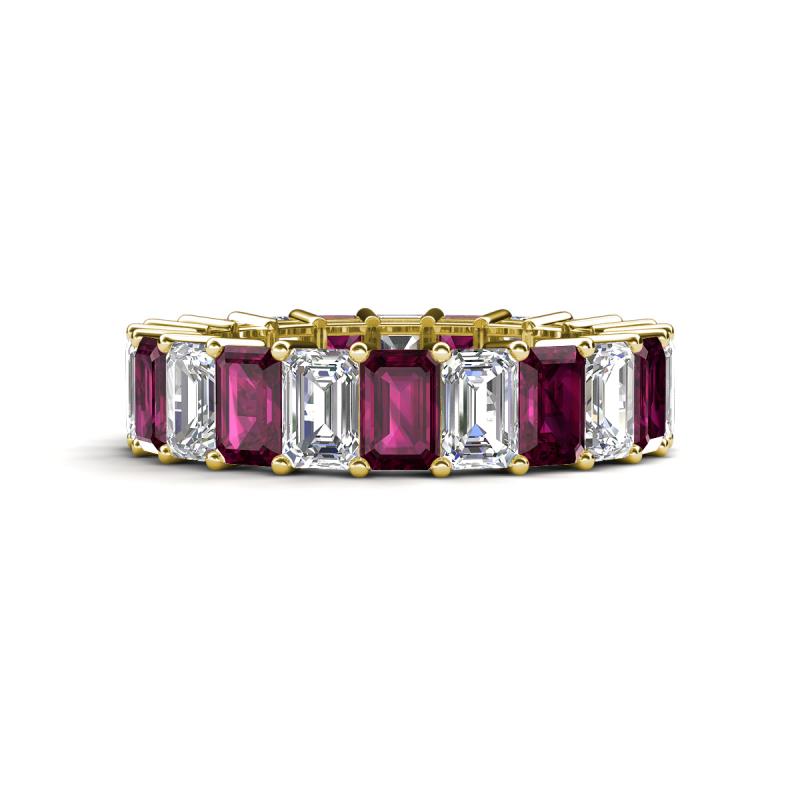 Kerry 6x4 mm Emerald Cut Rhodolite Garnet and Diamond Side Gallery Work Eternity Band 