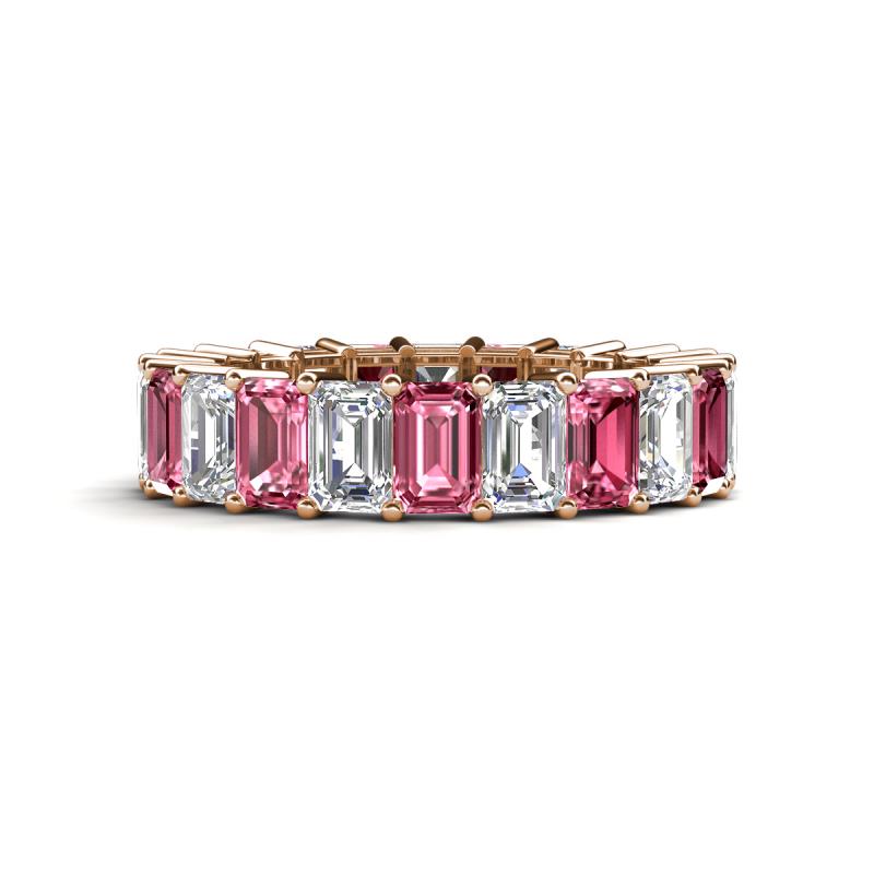 Kerry 6x4 mm Emerald Cut Pink Tourmaline and Lab Grown Diamond Side Gallery Work Eternity Band 