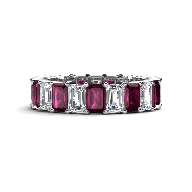 Kerry 6x4 mm Emerald Cut Rhodolite Garnet and Lab Grown Diamond Side Gallery Work Eternity Band 