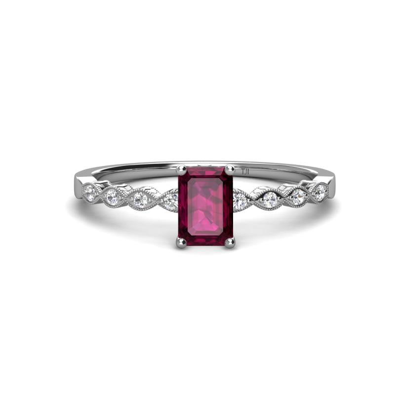 Amaira 7x5 mm Emerald Cut Rhodolite Garnet and Round Diamond Engagement Ring  
