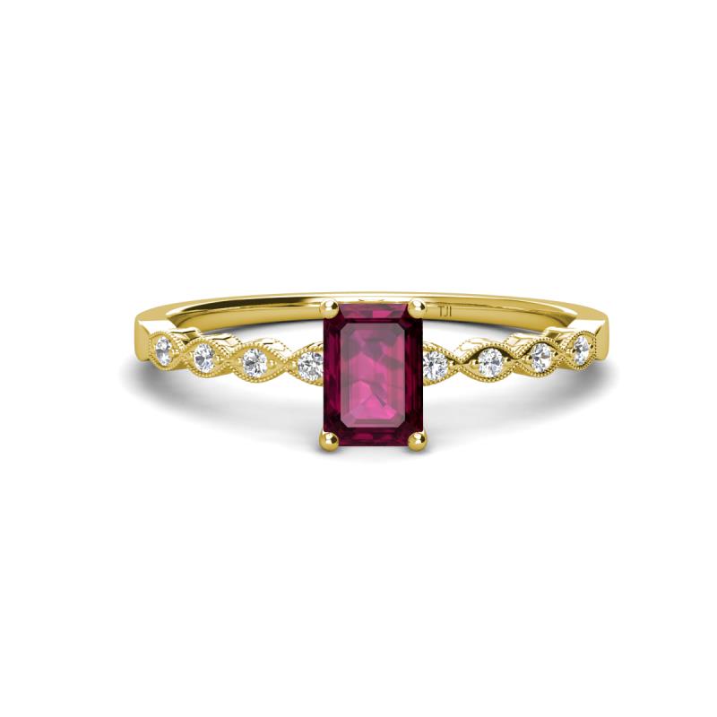 Amaira 7x5 mm Emerald Cut Rhodolite Garnet and Round Diamond Engagement Ring  