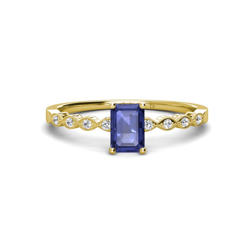 Amaira 7x5 mm Emerald Cut Iolite and Round Diamond Engagement Ring  