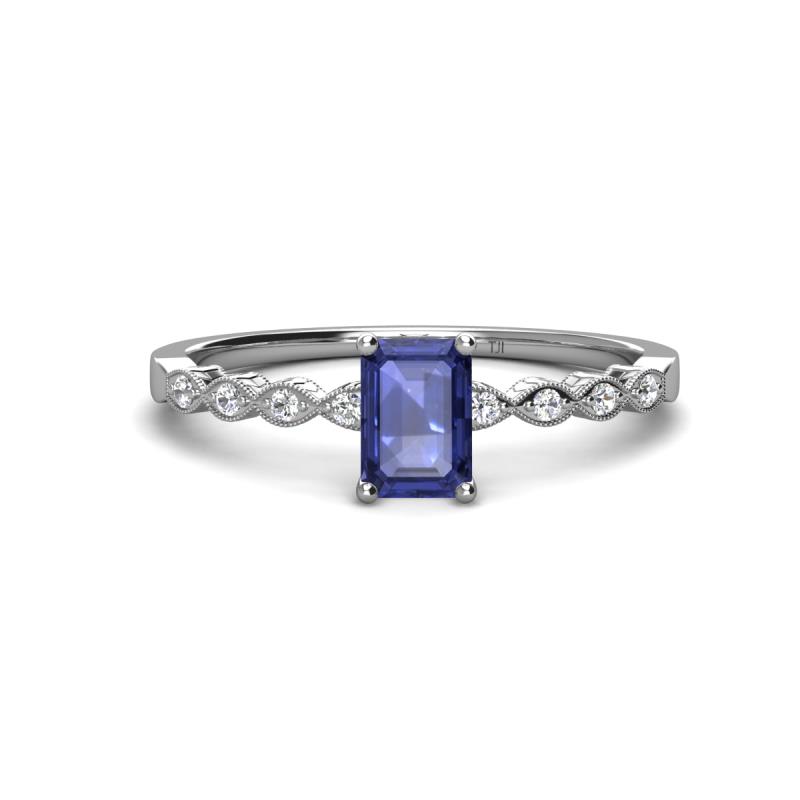Amaira 7x5 mm Emerald Cut Iolite and Round Diamond Engagement Ring  