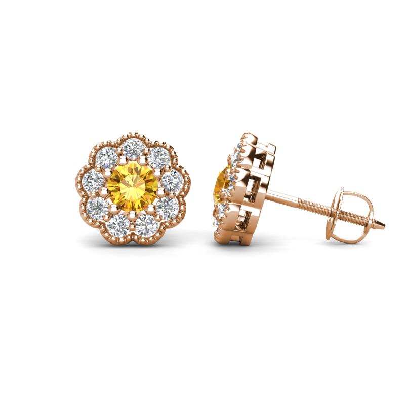 Floret 4.00 mm Round Citrine and Diamond Milgrain Halo Stud Earrings 
