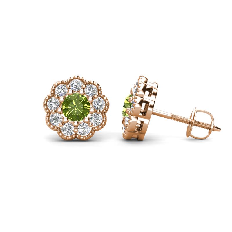 Floret 4.00 mm Round Peridot and Diamond Milgrain Halo Stud Earrings 