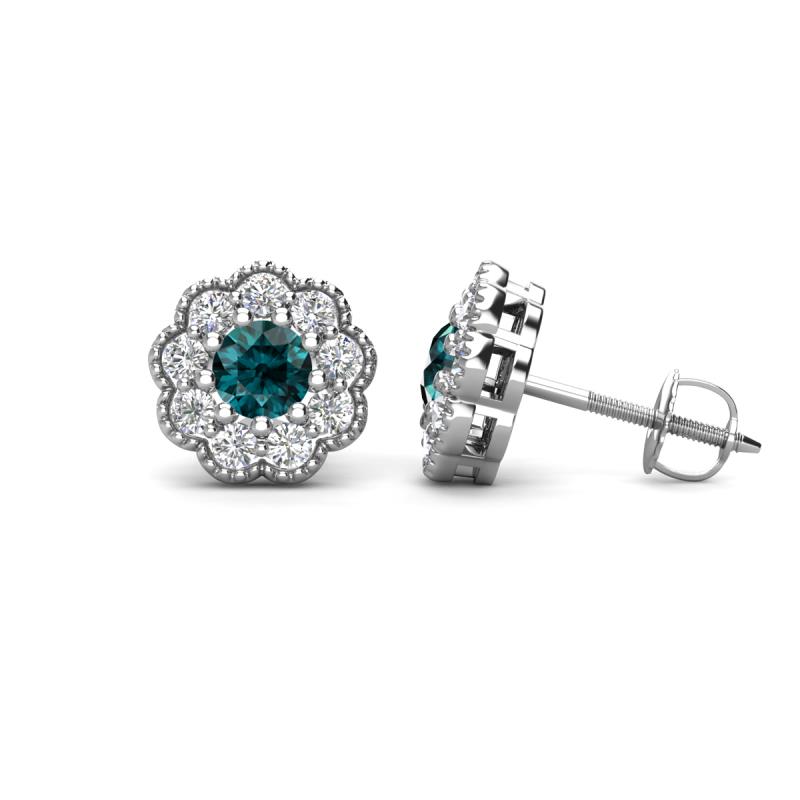 Floret 4.00 mm Round London Blue Topaz and Diamond Milgrain Halo Stud Earrings 