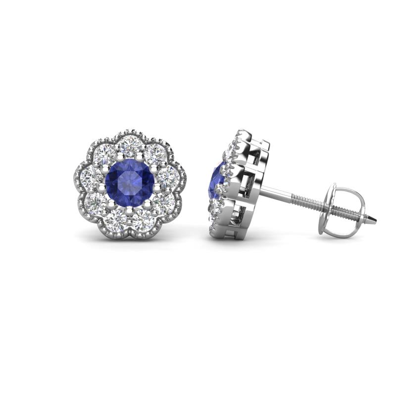 Floret 4.00 mm Round Iolite and Diamond Milgrain Halo Stud Earrings 