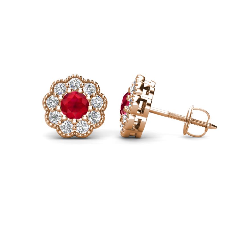Floret 4.00 mm Round Ruby and Diamond Milgrain Halo Stud Earrings 