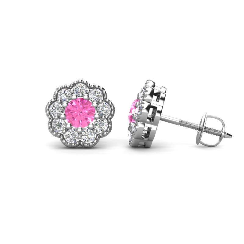 Floret 4.00 mm Round Pink Sapphire and Diamond Milgrain Halo Stud Earrings 