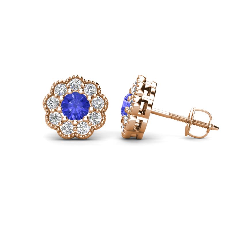 Floret 4.00 mm Round Tanzanite and Diamond Milgrain Halo Stud Earrings 