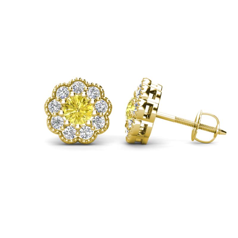Floret 4.00 mm Round Yellow and White Diamond Milgrain Halo Stud Earrings 