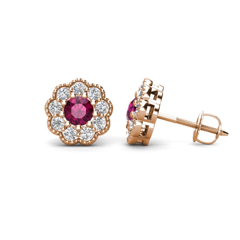 Floret 4.00 mm Round Rhodolite Garnet and Lab Grown Diamond Milgrain Halo Stud Earrings 