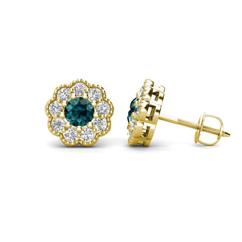 Floret 4.00 mm Round London Blue Topaz and Lab Grown Diamond Milgrain Halo Stud Earrings 