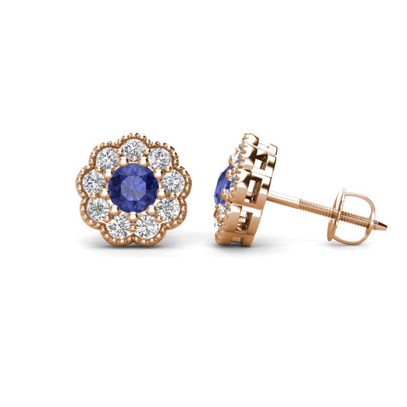 Floret 4.00 mm Round Iolite and Lab Grown Diamond Milgrain Halo Stud Earrings 