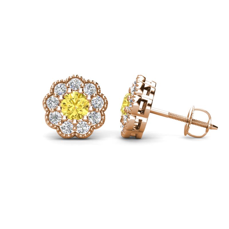 Floret 4.00 mm Round Yellow Sapphire and Lab Grown Diamond Milgrain Halo Stud Earrings 