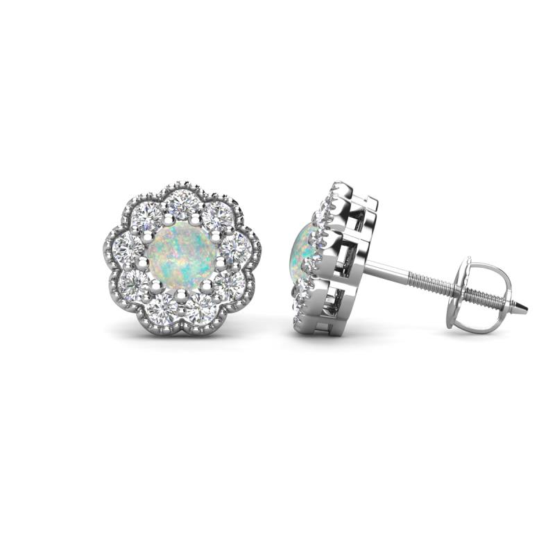 Floret 4.00 mm Round Opal and Lab Grown Diamond Milgrain Halo Stud Earrings 