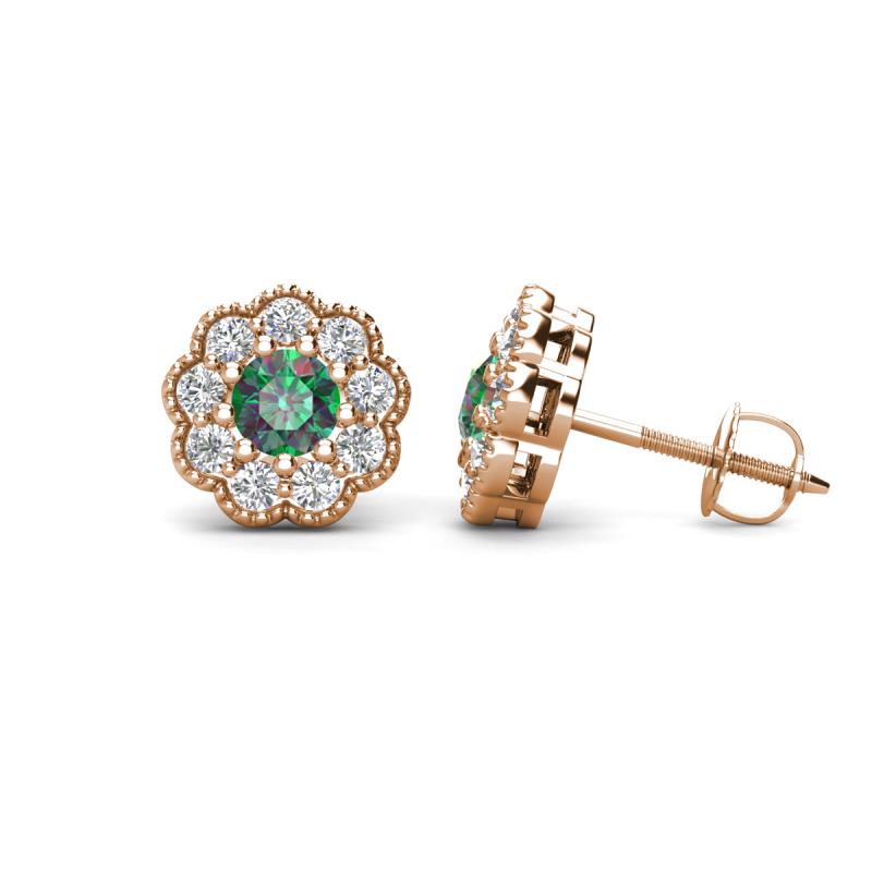 Floret 4.00 mm Round Lab Created Alexandrite and Lab Grown Diamond Milgrain Halo Stud Earrings 